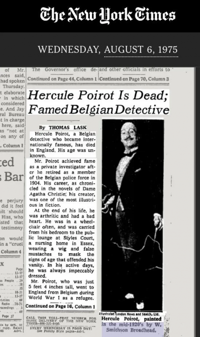 50 anos desde a morte de Hercule Poirot: o detetive fictício que ganhou um obituário real no The New York Times